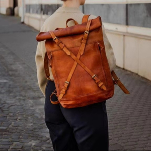 Handcrafted Genuine Leather Anti-Theft <b>Roll</b> Top <b>Backpack</b> Vintage <b>Backpack</b> Bag Unisex Waterproof Travel Day Pack Zipper LTBP-0275 - Product Image 1