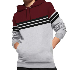 Sweat-shirt à capuche pour homme, coupe classique, décontracté, avec poche, design rayé gris et bordeaux, vêtement d'automne - Product Image 1