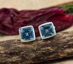 Wholesale Natural London <b>Blue</b> Topaz <b>Stud</b> <b>Earrings</b> 925 Sterling Silver Princess Cut <b>Blue</b> Topaz Square <b>Stud</b> <b>Earrings</b> - Product Image 1