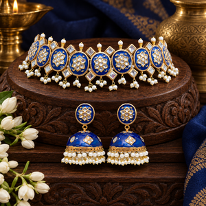 Ensemble collier et boucles d'oreilles Jhumka Meenakari bleu roi, vente en gros, fabricant de bijoux artificiels, niveau usine - Product Image 6