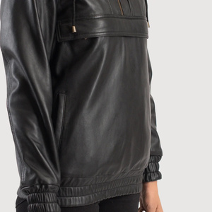 Unisex Black Genuine Leather Thick Hooded Quarter-<b>Zip</b> Jacket Casual Windproof Regular Sleeve Solid Color Winter Wear - Product Image 4