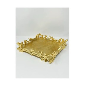 <b>Square</b> Gold Plated Decorative Tray With Plant Pattern Coastal Design Single Piece - Product Image 1