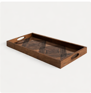 Premium Rectangular Wooden Serving <b>Tray</b> With Cutout Handles Modern Geometric Engraved Design For Coffee Table Decor & <b>Breakfast</b> - Product Image 5