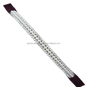 Bande de sourcils de cheval en cuir véritable, noir et marron, fait à la main, forme droite, avec 3 rangées de perles et de cristaux, chaîne métallique décorative - Product Image 5