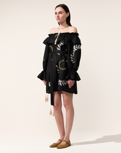 Women <b>Boho</b> Embroidered Cotton Mini <b>Dress</b> Black Leaf Print Off Shoulder Full Sleeve Tassel Tie Waist Short <b>Summer</b> <b>Dress</b> - Product Image 5