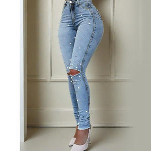 Vaqueros cortos de mujer con bordado de perlas, de talle alto y pierna recta, para uso exterior, pantalones vaqueros de mezclilla para mujer - Product Image 3