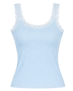 Camisola de Algodón Personalizada para Mujer, Color Azul Cielo, con Ribete de Encaje, Corte Ajustado, Sin Mangas, Estilo Casual de Verano, Suave y Transpirable - Product Image 1