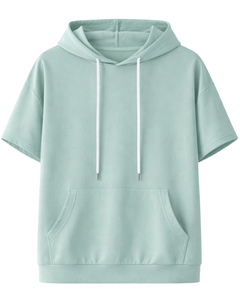 Sweat à capuche vert menthe à manches courtes pour homme, pull décontracté, t-shirt à capuche léger, streetwear, mode estivale, mélange de coton - Product Image 1