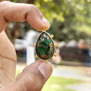 18K Gold Plated Solid Brass Apatite Jade Mohave Turquoise Pendant Connector Handmade Emerald Pear Cabochon Jewelry Link Supplies - Product Image 4