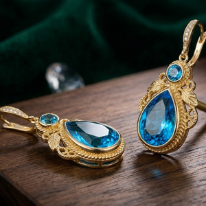 Hot Selling Blue Topaz 925 <b>Sterling</b> <b>Silver</b> Drop Earrings 18K Gold Plated 5 Inch 15g Round 8mm Pear Trendy Wholesale Product - Product Image 2