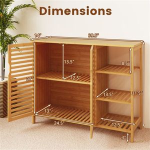 39.5\"x14\"x31.5\" Natural Bamboo Bathroom Cabinet with Enclosed Cabinet and Open Shelves Storage for Toiletries and Towels - Product Image 3