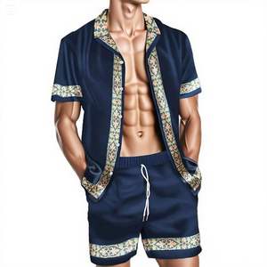 Conjunto de camisa y pantalones cortos con estampado de palmeras al atardecer para hombre, conjunto tropical a juego para vacaciones de verano en la playa - Product Image 3
