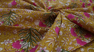 Hand Block Printed Cotton Fabric by Yard Mustard Pink Floral Jaipur Sanganeri Print Dress <b>Sewing</b> Fabric - Product Image 3