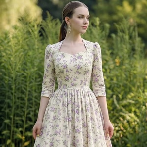 Vestido Romántico Color Lavanda, Estilo Floral, Largo hasta la Pantorrilla, Mangas Tres Cuartos, Cuello Cuadrado, Tela Transpirable, Vestido Largo Maxi - Product Image 1