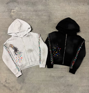 Sweat à capuche d'hiver pour homme avec fermeture éclair intégrale, décoration de manches en strass, logo personnalisé, vente en gros, style urbain, respirant, écologique - Product Image 3