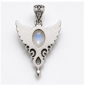 ainbow Moonstone Silver Pendant, Sterling Silver Wing Pendant, Blue Flash Moonstone <b>Necklace</b>, Gothic Angel Pendant, - Product Image 2