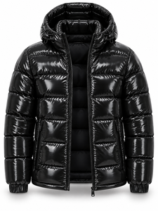 Men's Hooded Puffer <b>Jacket</b> Black PU Down Filled Windproof Zipper Closure <b>Casual</b> Winter Coat - Product Image 3