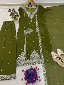 Costume Salwar vert olive brodé pour femmes avec dupatta, style traditionnel indien pakistanais, coupe ample - Product Image 3