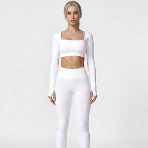 Square Neck Long Sleeve Workout Set Yoga Fitness Thumb Loop Two Piece Set Square Neck <b>Crop</b> <b>Top</b> Leggings 2 Piece Set - Product Image 1
