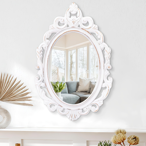 Miroir mural ovale orné vintage avec cadre en bois blanc, miroir décoratif de style antique pour salon, couloir, salle de bain - Product Image 4