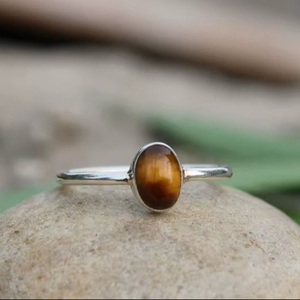Minimalist Tiger Eye <b>Ring</b> Silver Plated Brass Oval Stone <b>Thin</b> Band Dainty Boho Handmade Jewelry for Women Gift - Product Image 1