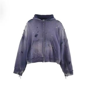 Customized Men's Winter Vintage Printed Heavyweight <b>Hooded</b> Sweatshirt with Distressed Zipper Fleece 100% Cotton - Product Image 4