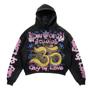 TOPSHOW Sweat à capuche personnalisé noir 450-500 g/m² en molleton bouclette français, effet délavé, patchwork, coupe oversize, court et carré, pour homme, effet délavé soleil et délavé à l'acide - Product Image 6