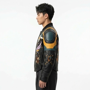 Chaqueta Bomber de Cuero Genuino para Hombre con Bordado a Mano y Patrones Coloridos, Cuello Camisero, Cierre de Cremallera, Estilo Otoñal - Product Image 4