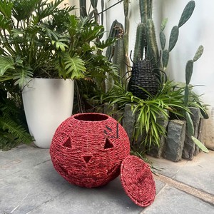 Cesta de calabaza de Halloween de junco marino tejida a mano con tapa, recipiente para dulces, almacenamiento, decoración para fiestas de truco o trato, adorno, superventas, reutilizable - Product Image 2