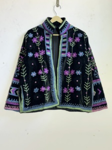 Black Velvet Floral Embroidered Suzani Jacket | Handmade Boho Folk Art <b>Coat</b> | Colorful Festival Outerwear - Product Image 1