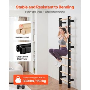 Système de suspension pour échelle suédoise à 9 niveaux, capacité 330 LBS, pour salle de sport à domicile, en bois massif et acier au carbone, modèle B avec fixation murale - Product Image 4