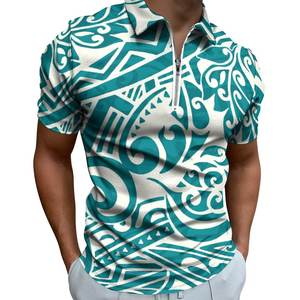 Polo à manches courtes pour homme, imprimé tribal rouge et noir, style décontracté, respirant, en polyester sublimé, avec fermeture éclair. - Product Image 6
