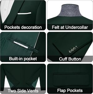 Traje de esmoquin de 3 piezas para hombre, estilo británico, verde oscuro, con chaleco y pantalón de botonadura sencilla, atuendo formal para bodas y negocios, antiarrugas, corte ajustado. - Product Image 3