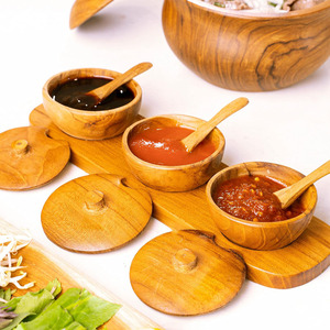 Ensemble de bols à tremper pour condiments en bois de teck au design personnalisé de luxe, assiette cuillère écologique ultra-durable à 3 plateaux - Product Image 4