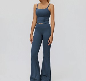 Custom Wholesale High-Waisted Ankle-Length <b>Flared</b> Leg Yoga <b>Leggings</b> Spandex/Nylon Tummy Control Scrunch Butt Eco-Friendly - Product Image 2