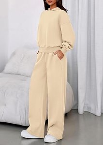 Conjunto de Sudadera con Capucha de 2 Piezas para Mujer, Color Sólido, Corte Holgado, Informal, Pantalones de Manga Larga, 100% Algodón, Felpa, Transpirable, Invierno - Product Image 5