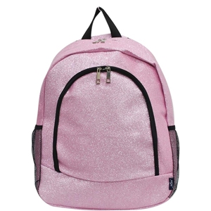 Cheerleading Backpack Custom Printed Polyester Light Pink <b>Glitter</b> <b>Black</b> Trim Silver Zipper Mesh Pocket OEM - Product Image 1