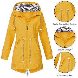 Women Yellow <b>Rain</b> <b>Jacket</b> Hooded Waterproof Mid Length Drawstring Windbreaker Ladies Outdoor Raincoat - Product Image 1