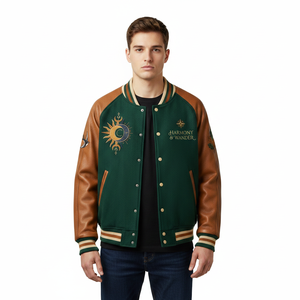 Chaqueta Varsity de Piel Sintética Verde para Hombre Harmony & Wander, Diseño Bordado de Luna y Montaña, Ropa Casual de Otoño - Product Image 3