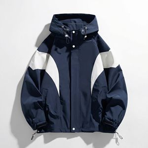 Navy & White Color block Hooded <b>Jacket</b> with Curved Contrast Panels | <b>Packable</b> Windbreaker | OEM/Private Label Outerwear - Product Image 1
