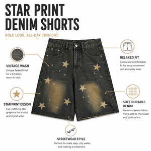 Shorts en jean Y2K pour hommes, imprimé étoiles, style streetwear vintage délavé, coupe ample, jorts décontractés à jambe large, hip-hop - Product Image 5