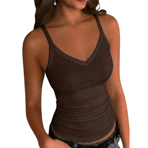 <b>Womens</b> <b>Brown</b> Solid Ribbed V Neck Tank Top Slim Fit Stretch Sleeveless Camisole Soft Knit Breathable Casual Summer Fashion Shirt - Product Image 1