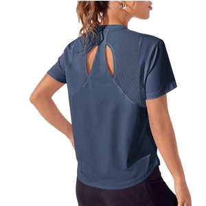 Women Navy Blue Short Sleeve Yoga Top With Back Cut-Out Hollow Design Breathable Regular Fit Solid <b>Colour</b> Spandex Polyester - Product Image 4