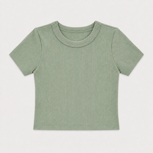 Camiseta de algodón acanalado con cuello redondo para niñas, manga corta, ajuste casual, suave, elástica, transpirable, para verano, color liso - Product Image 1