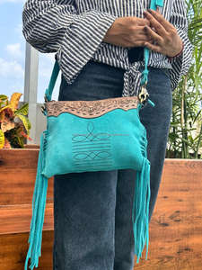 Vente chaude usiné à la main Turquoise daim cuir botte point bandoulière sac à franges femmes Western cuir Floral bohème sac à main - Product Image 2