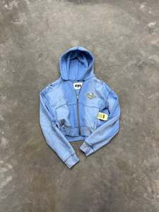 เสื้อฮู้ดซิปแบบดิสเทรสสั่งทำได้ ราคาส่งถูก คุณภาพสูง ผ้าฝ้าย 100% ทรงโอเวอร์ไซส์ สีฟ้าอ่อน ผ้าฟลีซ ปักโลโก้ - Product Image 1