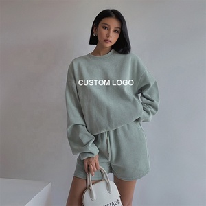 Conjunto de Sudadera y Pantalones Cortos para Mujer, Color Gris Sólido, Corte Holgado, Cuello Redondo, con Logotipo Frontal, Ropa Casual, Manga Larga, Algodón Transpirable - Product Image 5