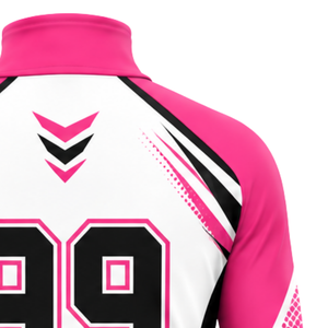 เสื้อแจ็คเก็ตสปอร์ตสีชมพูร้อน ขาว ดำ แบบซิป ¼  แขนยาว สำหรับฝึกซ้อมกีฬา วิ่ง  ชุดทีม  ออกแบบได้ตามต้องการ  ทรงสวย คอตั้ง - Product Image 4
