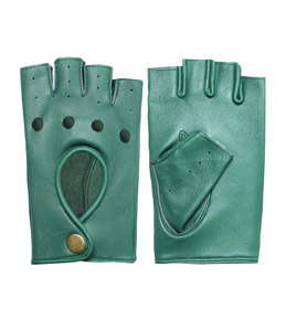 Gants de conduite unisexes en cuir de mouton vert, demi-doigts, avec sangle de poignet réglable, pour toutes les saisons et confortables - Product Image 1