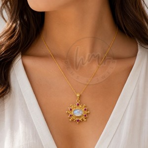Luxury Moonstone & Ruby Quartz Sunburst Pendant <b>Necklace</b> Gold Plated Gemstone <b>Statement</b> Jewelry for Women - Product Image 3